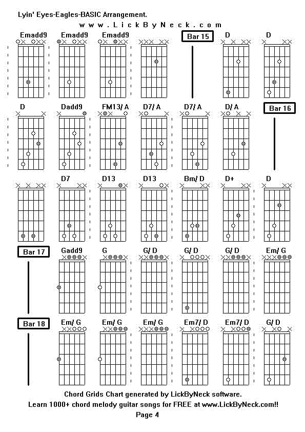 Chord Grids Chart of chord melody fingerstyle guitar song-Lyin' Eyes-Eagles-BASIC Arrangement,generated by LickByNeck software.